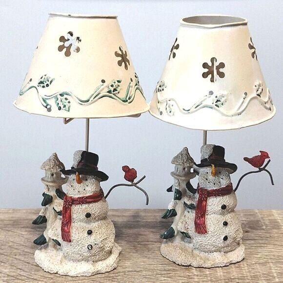 Vintage Other - VTG Set of 2 Christmas Ceramic Snowman Metal Shade Tealight Holders